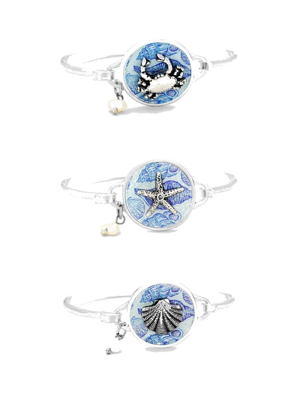 3 Silver Beach Charm Bangle Bracelets - Crab, Starfish, Shell Pearl Stack Set